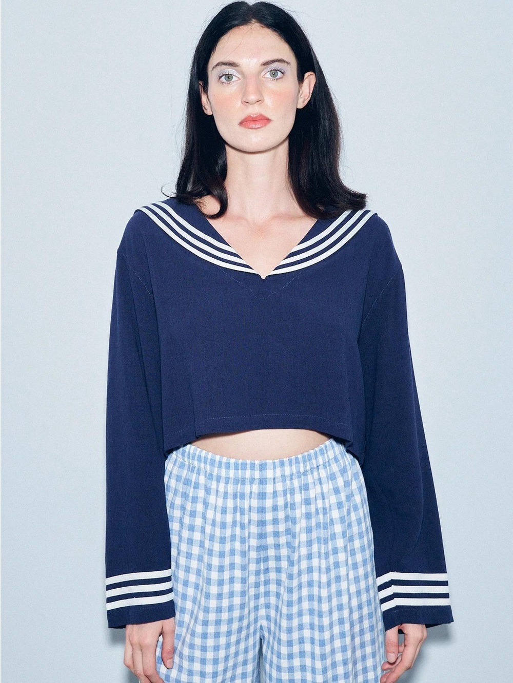 Fashion Brand Company Navy Cropped Sailor Top with White Striped Trim